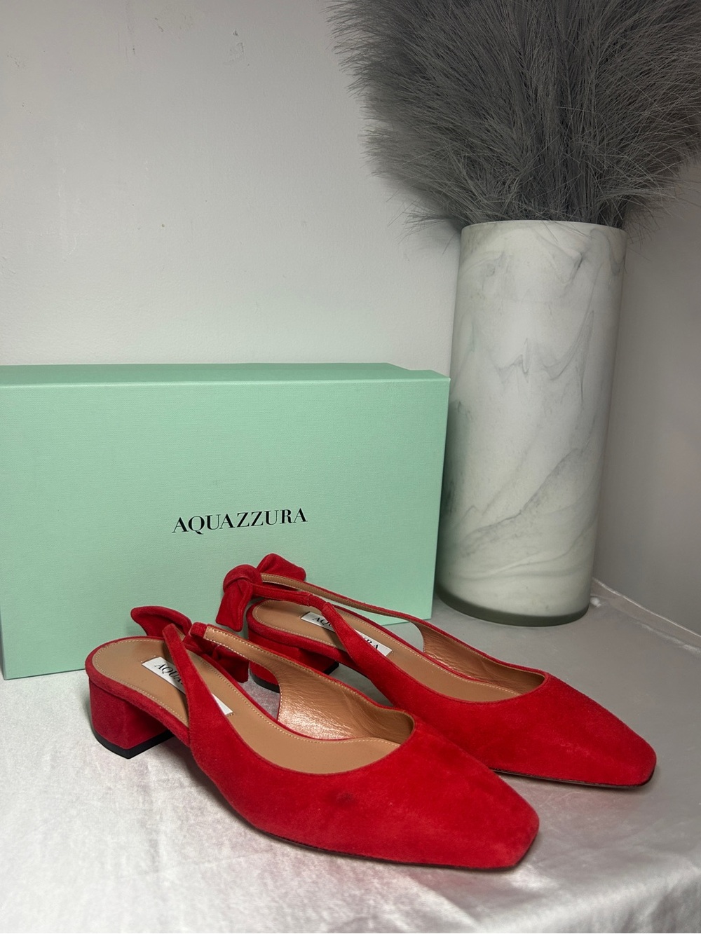 Aquazzura Red Suede Slingback Low Block Heel Pumps